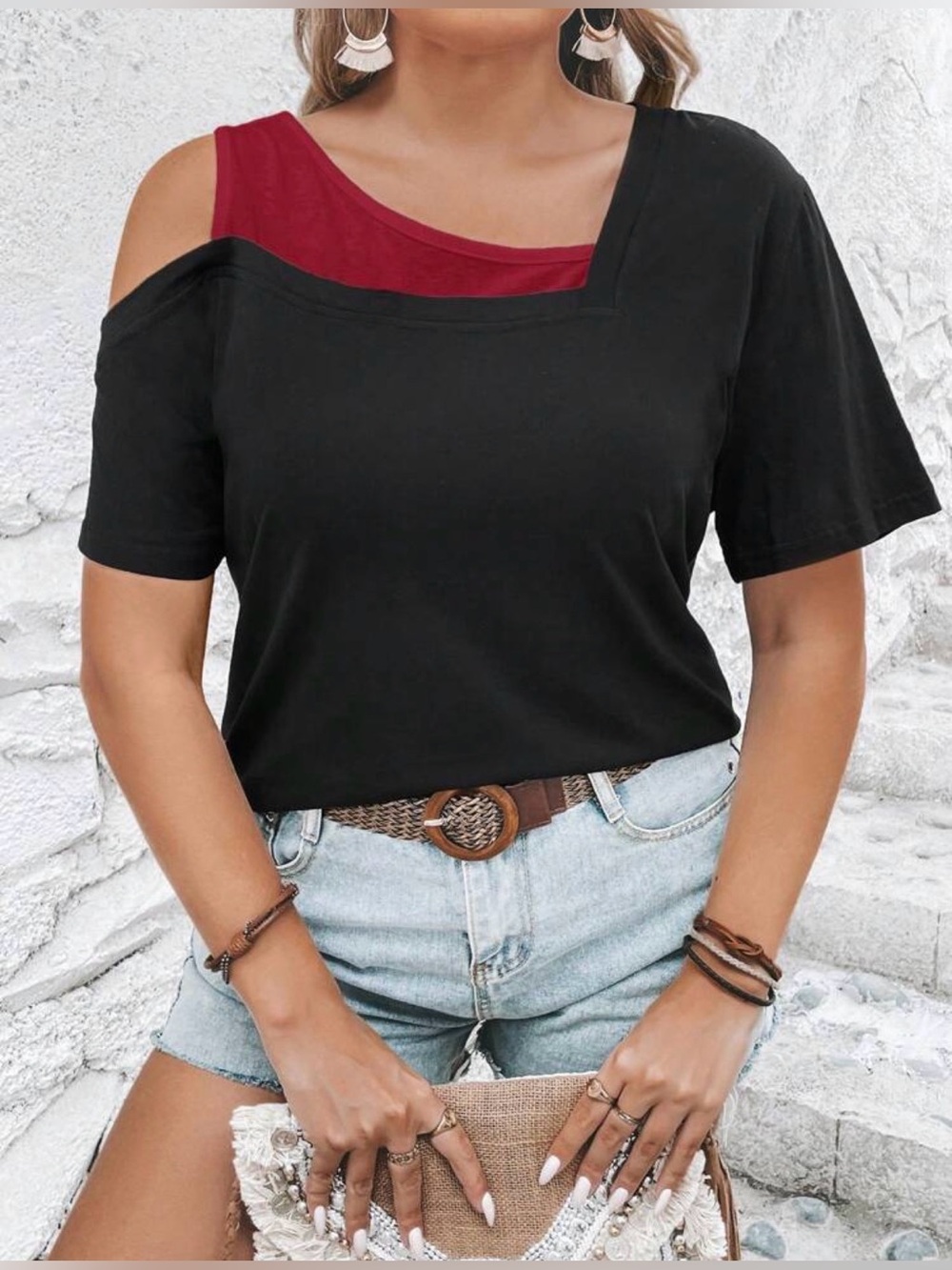 SHEIN Black and Red Asymmetric One-Shoulder Short Sleeve Top